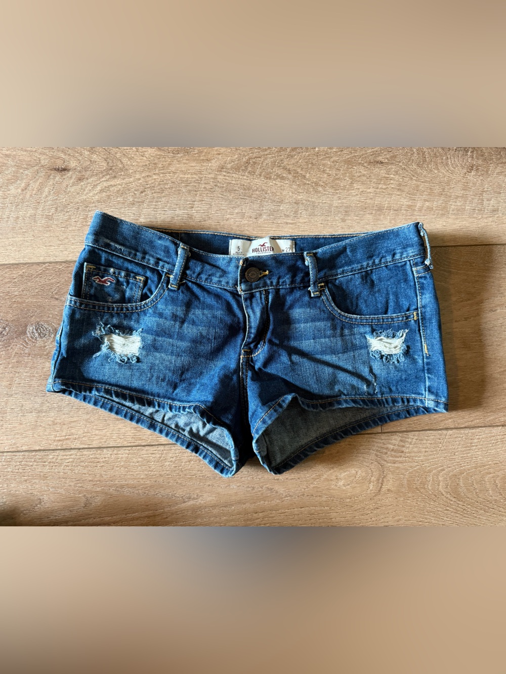 Hollister Mid-Dark Blue Denim Distressed Shorts